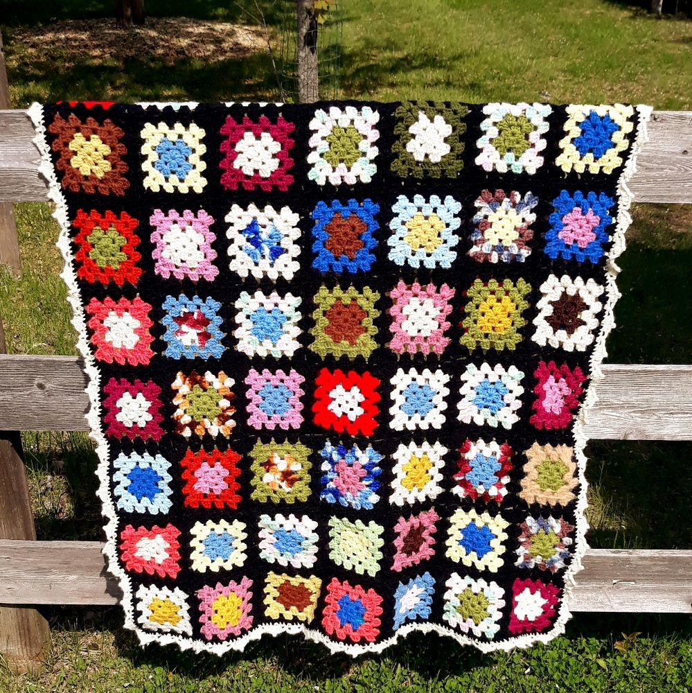 Vintage Granny Square Quilt - 36" x 50" Multicolor Baby or Lap Blanket - Picture 5 of 8